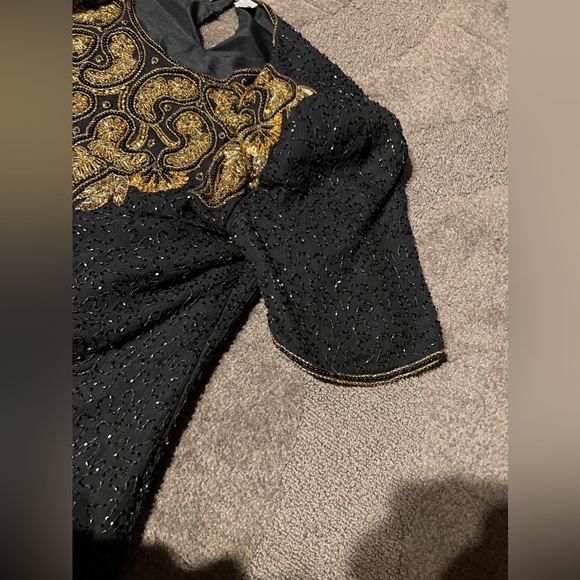 Vintage Scala Gold & Black Beaded Short Sleeve Top Blouse Shoulder Pads Keyhole - Picture 6 of 16